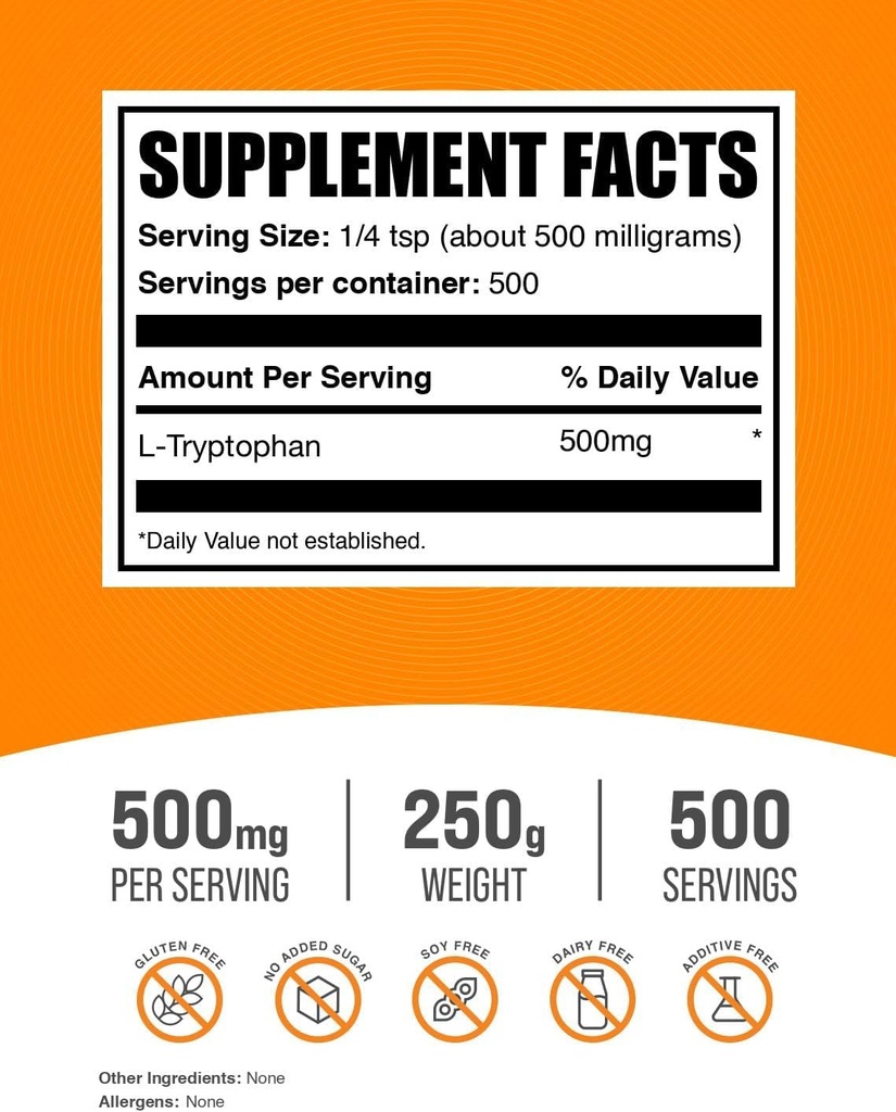 BulkSupplements.com L-Tryptophan Powder - Tryptophan Supplement, Amino Acid Supplement - Gluten Free, 500mg per Serving, 250g (8.8 oz) (Pack of 1) 3