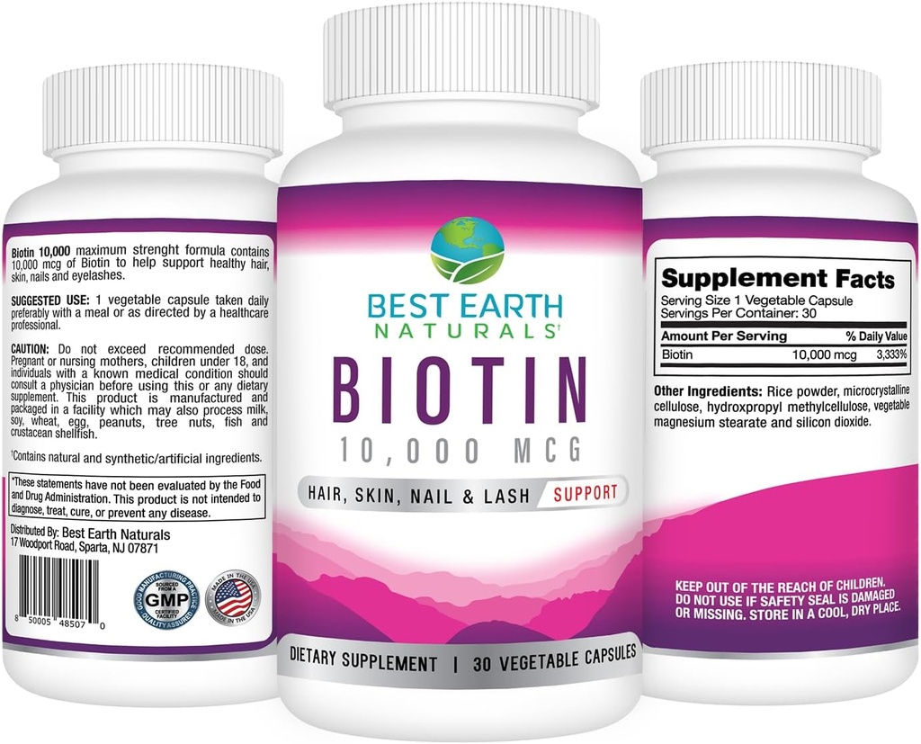 Best Earth Naturals Biotin 10,000mcg - Extra Strength Biotin Vitamin Supplement to Support Hair Growth, Strong Nails, Long Eye Lashes and Healthy Skin 3
