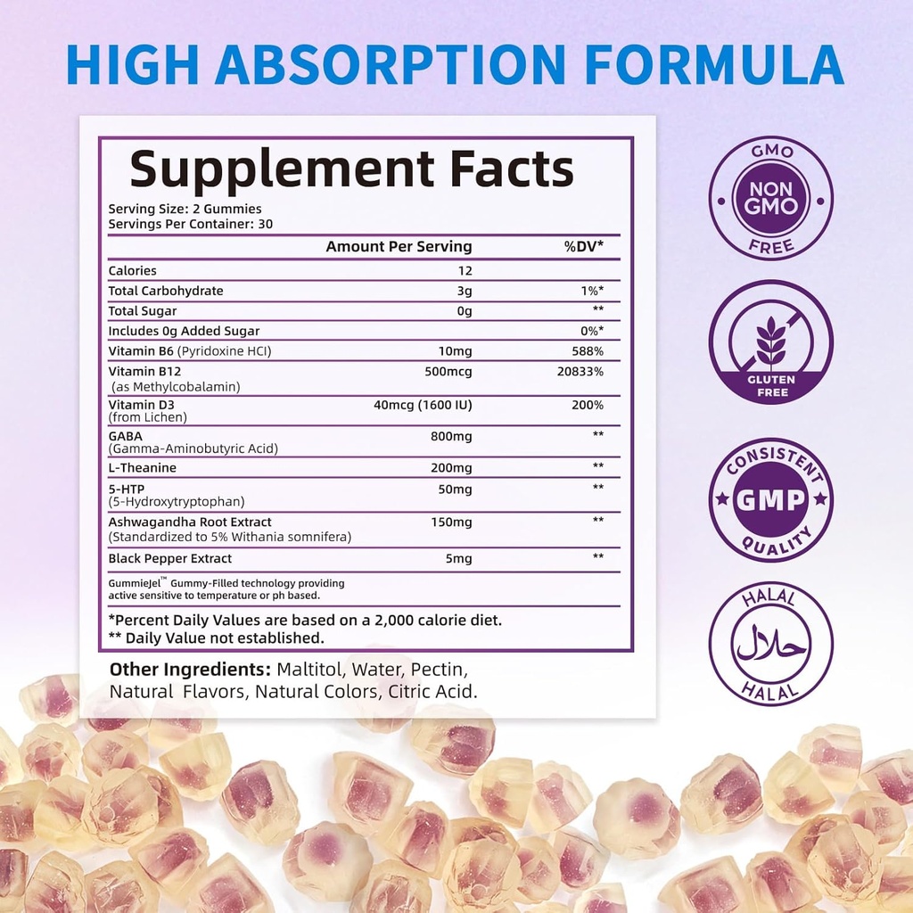 GABA Gummies Supplement for Nighttime Relaxation: Calm Support with L-Theanine, 5-HTP, Vitamin D3, B12 & Ashwagandha - Stress Relief, Brain Support & Mood Balance 60 Gummies 30 Day Supply 3