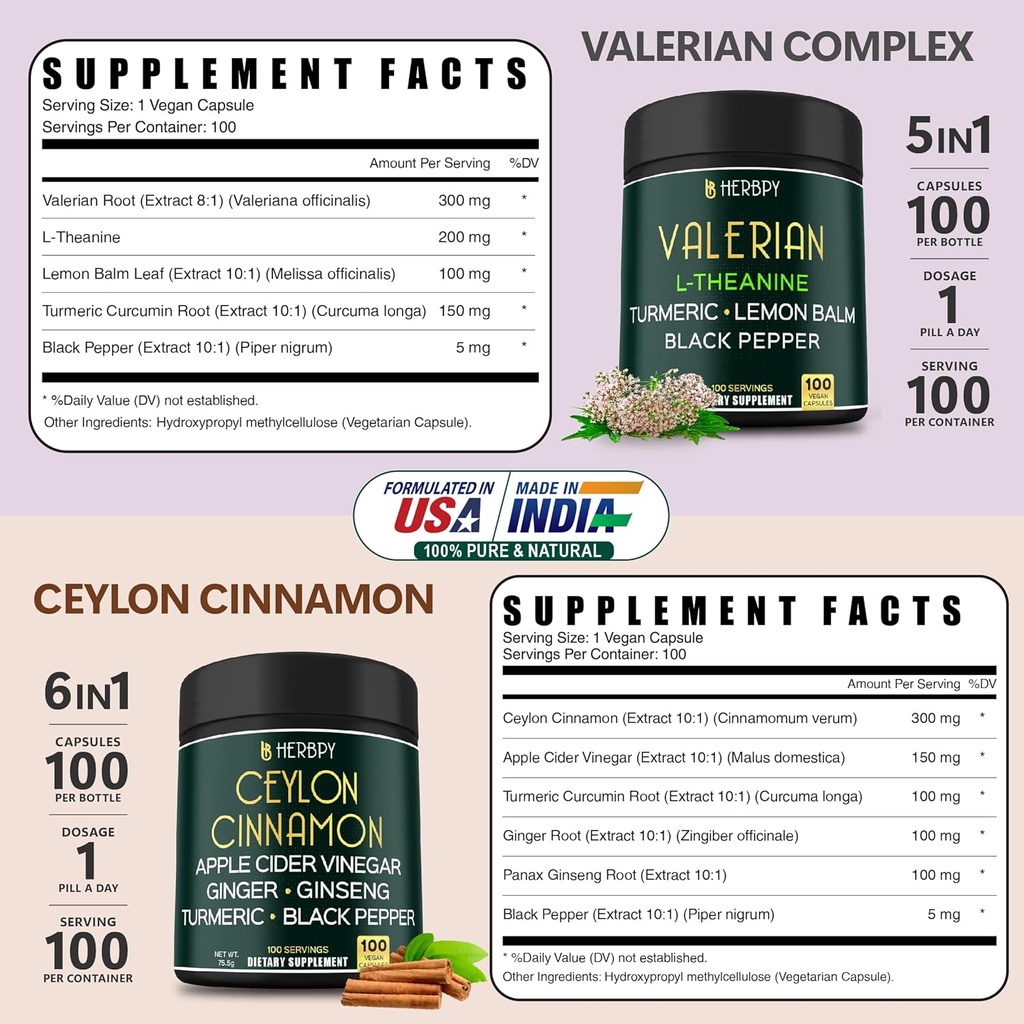 Bundle 5in1 Valerian Root Supplement & 6in1 Premium Ceylon Cinnamon Supplements 5