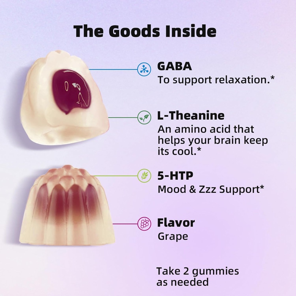 GABA Gummies Supplement for Nighttime Relaxation: Calm Support with L-Theanine, 5-HTP, Vitamin D3, B12 & Ashwagandha - Stress Relief, Brain Support & Mood Balance 60 Gummies 30 Day Supply 4