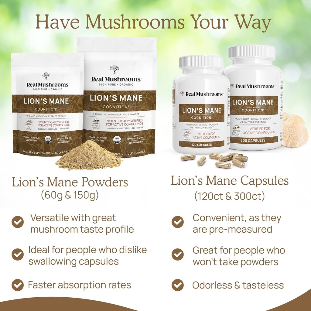 Real Mushrooms Lions Mane for Humans (60 Servings) and Pets (120ct) - Powder & Capsules Bundle for Cognition & Immunity - Vegan, Non-GMO, Gluten-Free, Grain-Free Mushroom Extract Supplements 5