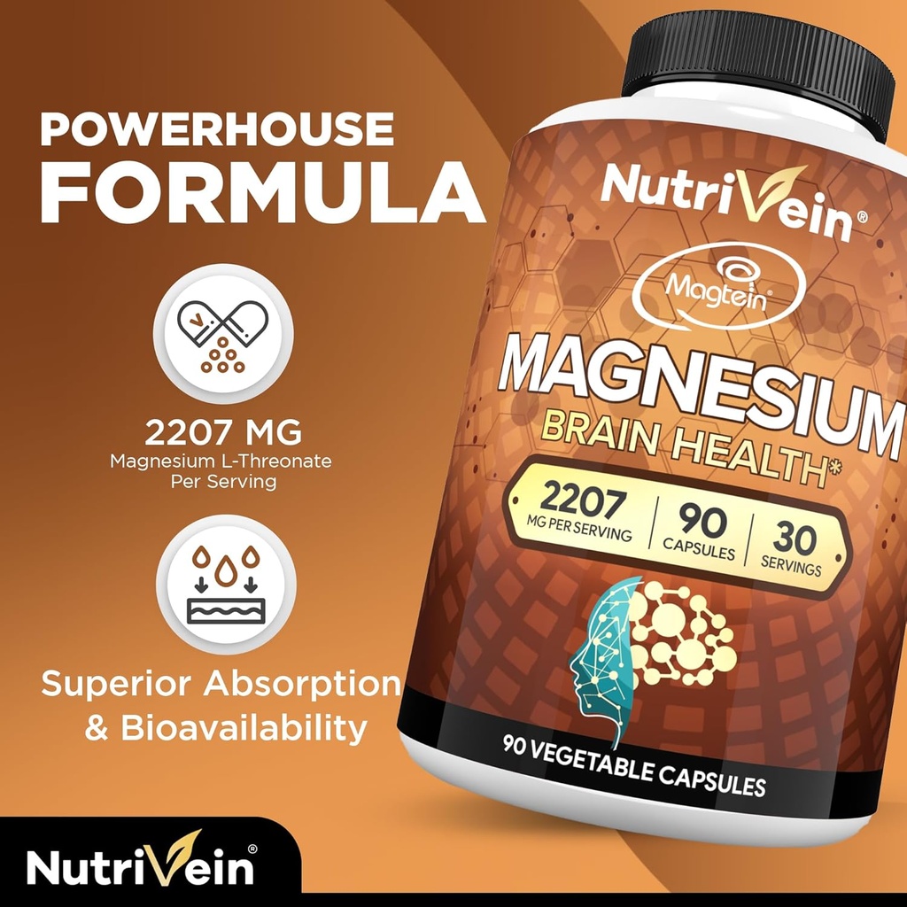 Nutrivein Premium Magtein Magnesium L-Threonate Supplement 2207 mg - 90 Caps (3 a Day): High-Absorption Magnesium Threonate for Brain, Sleep, Mood & Recovery 5