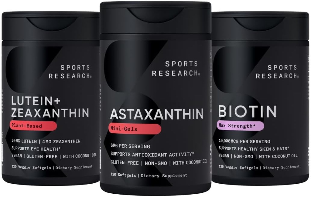 Sports Research Biotin (B7) 10,000mcg + Lutein + Zeaxanthin (20mg) + Astaxanthin Supplement from Algae (6mg) - All Vegan | 120 Softgels Each | All Made with Coconut Oil for Better Absorption 2