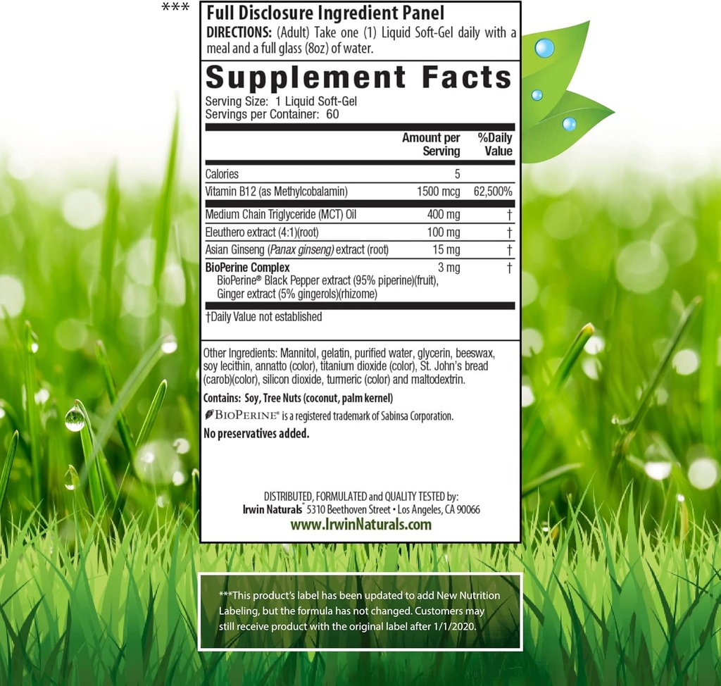 Irwin Naturals One-Per-Day Mega B-12 1,500mcg High Potency Methylcobalamin Vitamin - Fast Enhanced Absorption with MCT + Asian Ginseng - Natural Energy Boost - 60 Liquid Softgels 3