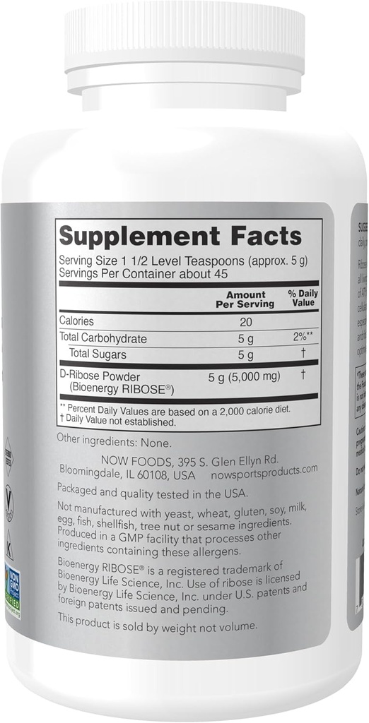 NOW Foods Sports Nutrition, D-Ribose Powder 5,000 mg, Certified Non-GMO, Energy Production*, 8-Ounce 3