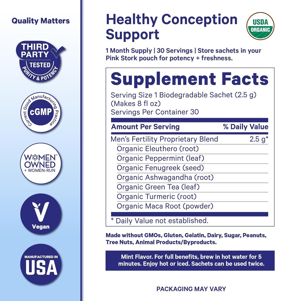 Blue Stork Men's Fertility Tea: Organic Fertility Supplements for Men, Green Tea, Maca Root, and Ginkgo Biloba for Male Reproductive Health, Mint, 15 Sachets 3