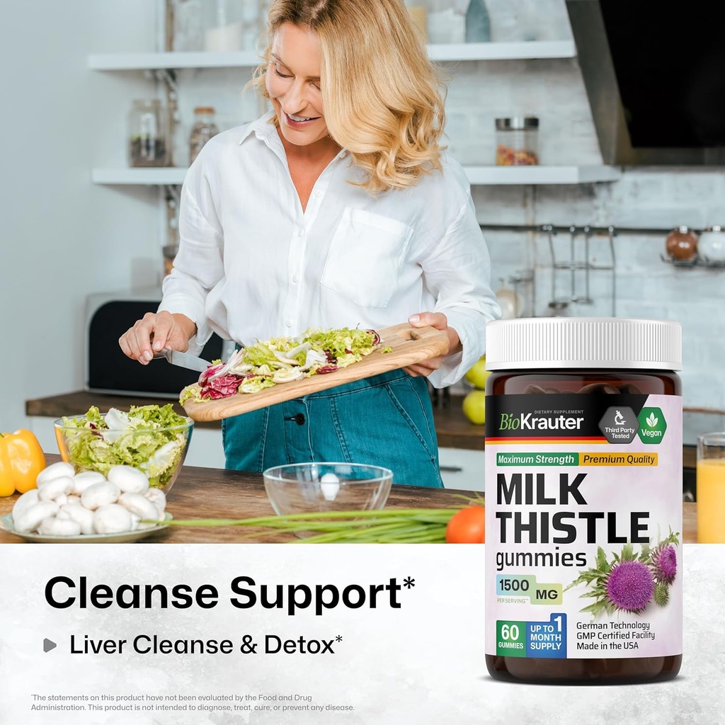 BIO KRAUTER Milk Thistle Liver Detox Gummies - 1500 mg Strength - 60 Chews - Silymarin Milk Thisle Supplement - Vegan Gelatine-Free Formula 3