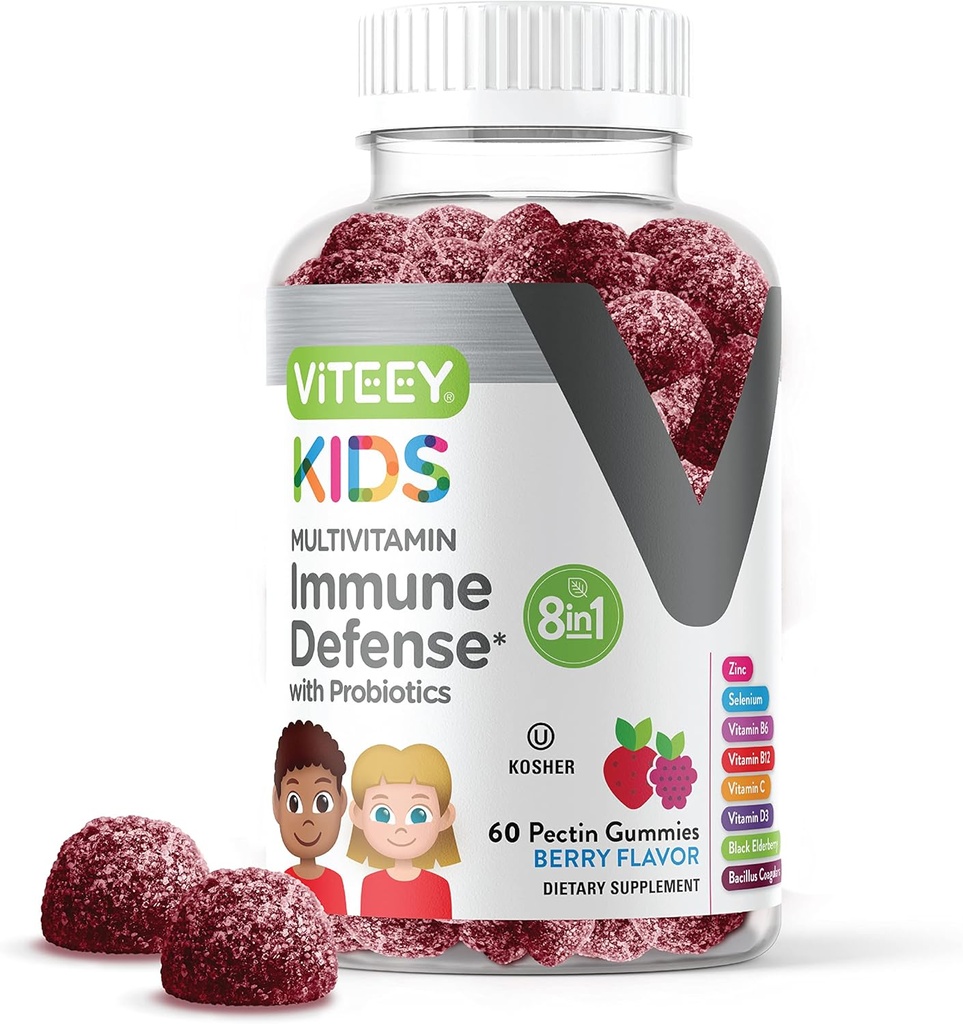 Viteey Kids Multivitamin Gummies with Probiotics - 8-1 Kids Vitamins for Immune Health Support with Vitamin C, D3, B12, B6, Zinc, Elderberry, Selenium - Vegetarian - Chewable Tasty Berry Flavored 2