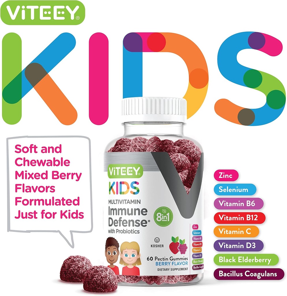 Viteey Kids Multivitamin Gummies with Probiotics - 8-1 Kids Vitamins for Immune Health Support with Vitamin C, D3, B12, B6, Zinc, Elderberry, Selenium - Vegetarian - Chewable Tasty Berry Flavored 3