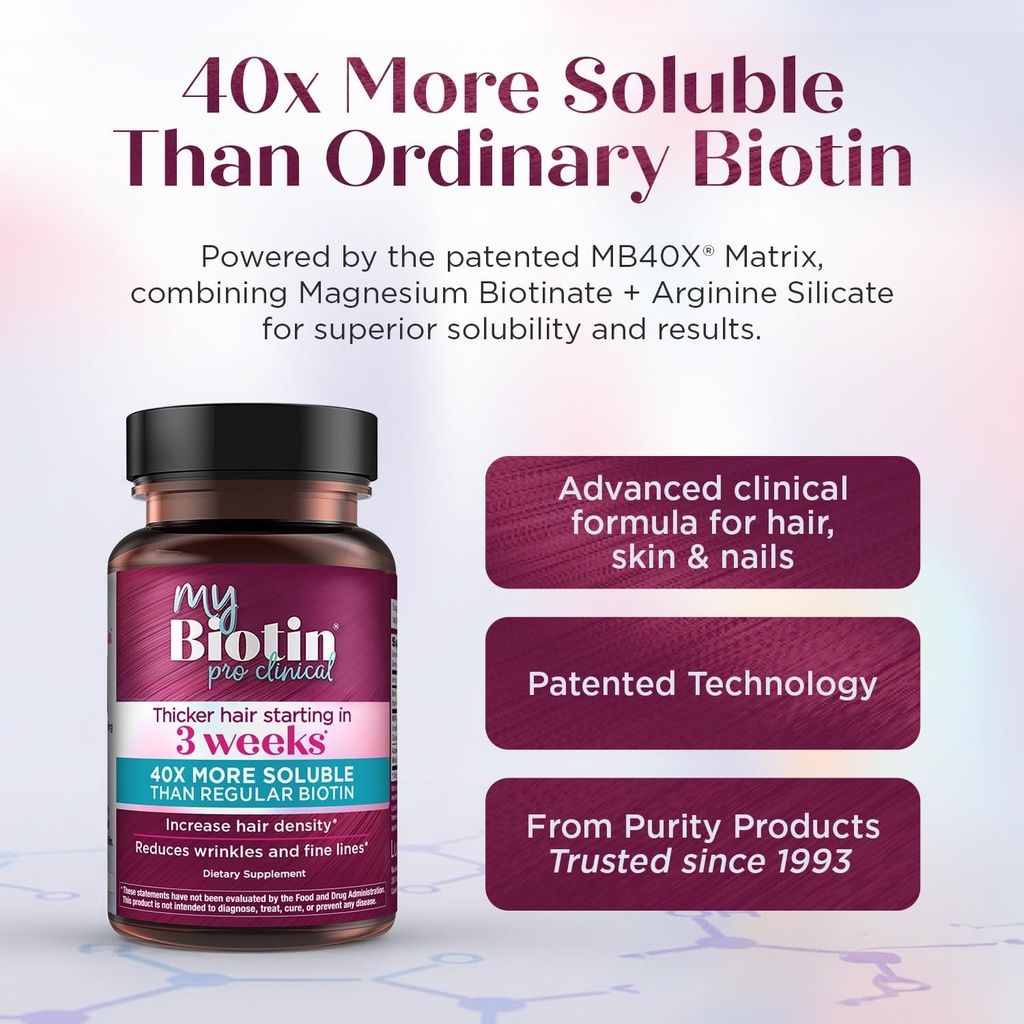 Purity Products MyBiotin ProClinical – Thicker Hair Starting in 3 Weeks & Fights Wrinkles - MB40X Patented Biotin Vitamin B7 Matrix w/Astaxanthin - 40X More Soluble vs Ordinary Biotin, 30 Veg Capsules 3