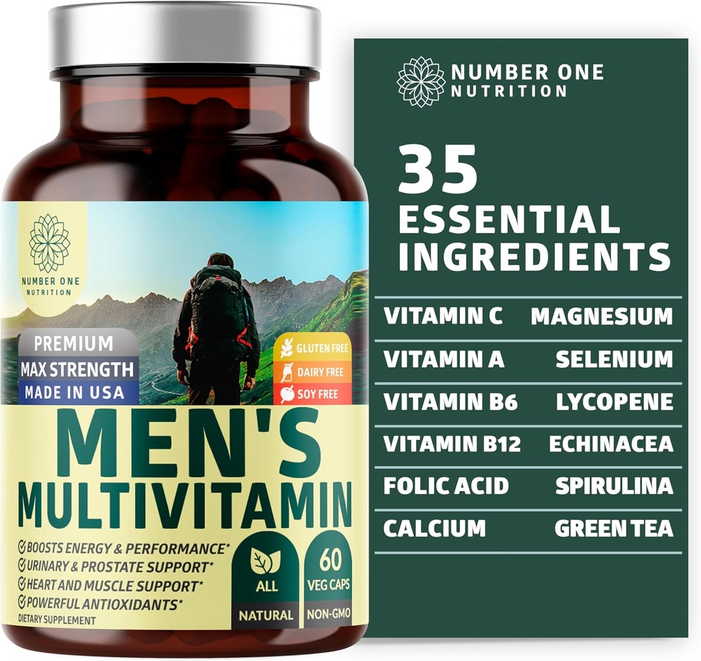 Number One Nutrition Premium Men's Daily Multivitamin Multimineral Supplement [Gluten Free, Non-GMO], Vitamins A C E D B1 B2 B3 B5 B6 B12, Magnesium, Biotin, Sprulina, and Zinc, 60 Veg Caps 2