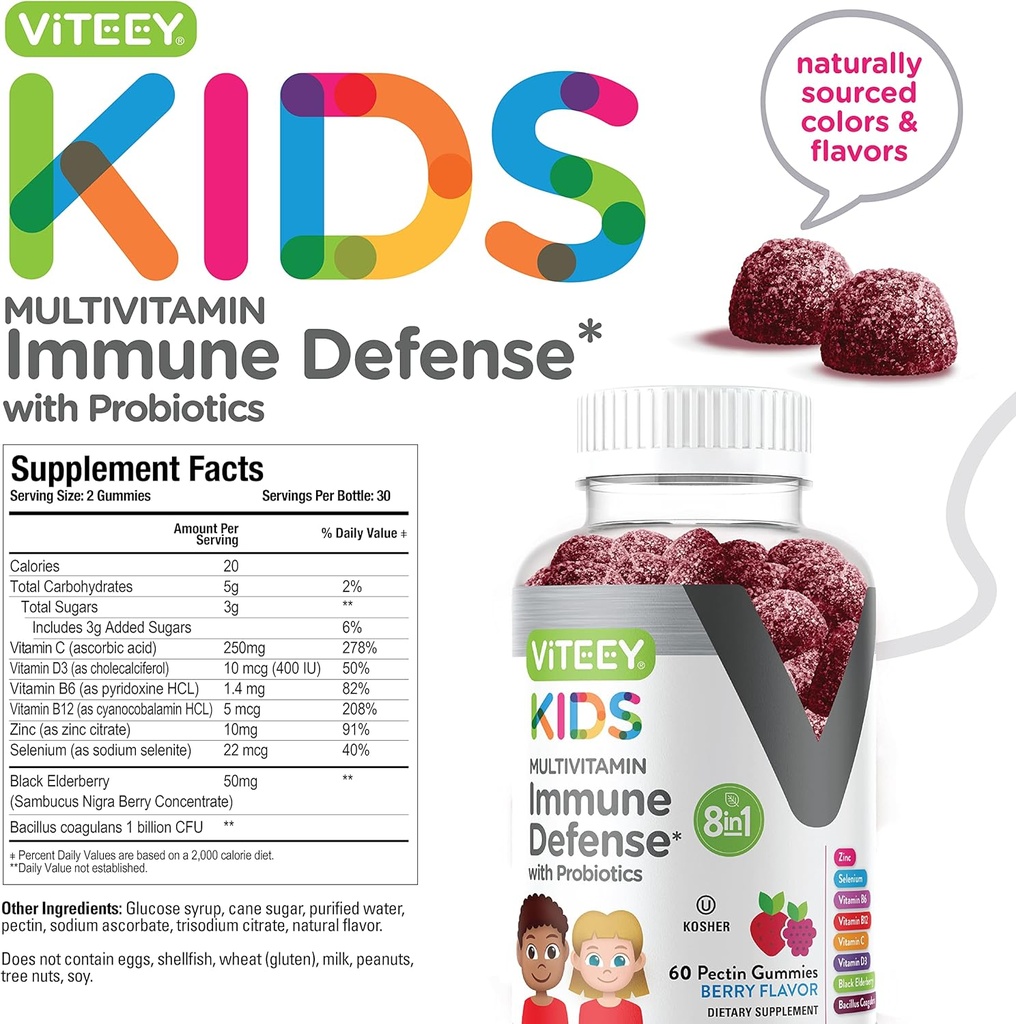 Viteey Kids Multivitamin Gummies with Probiotics - 8-1 Kids Vitamins for Immune Health Support with Vitamin C, D3, B12, B6, Zinc, Elderberry, Selenium - Vegetarian - Chewable Tasty Berry Flavored 5
