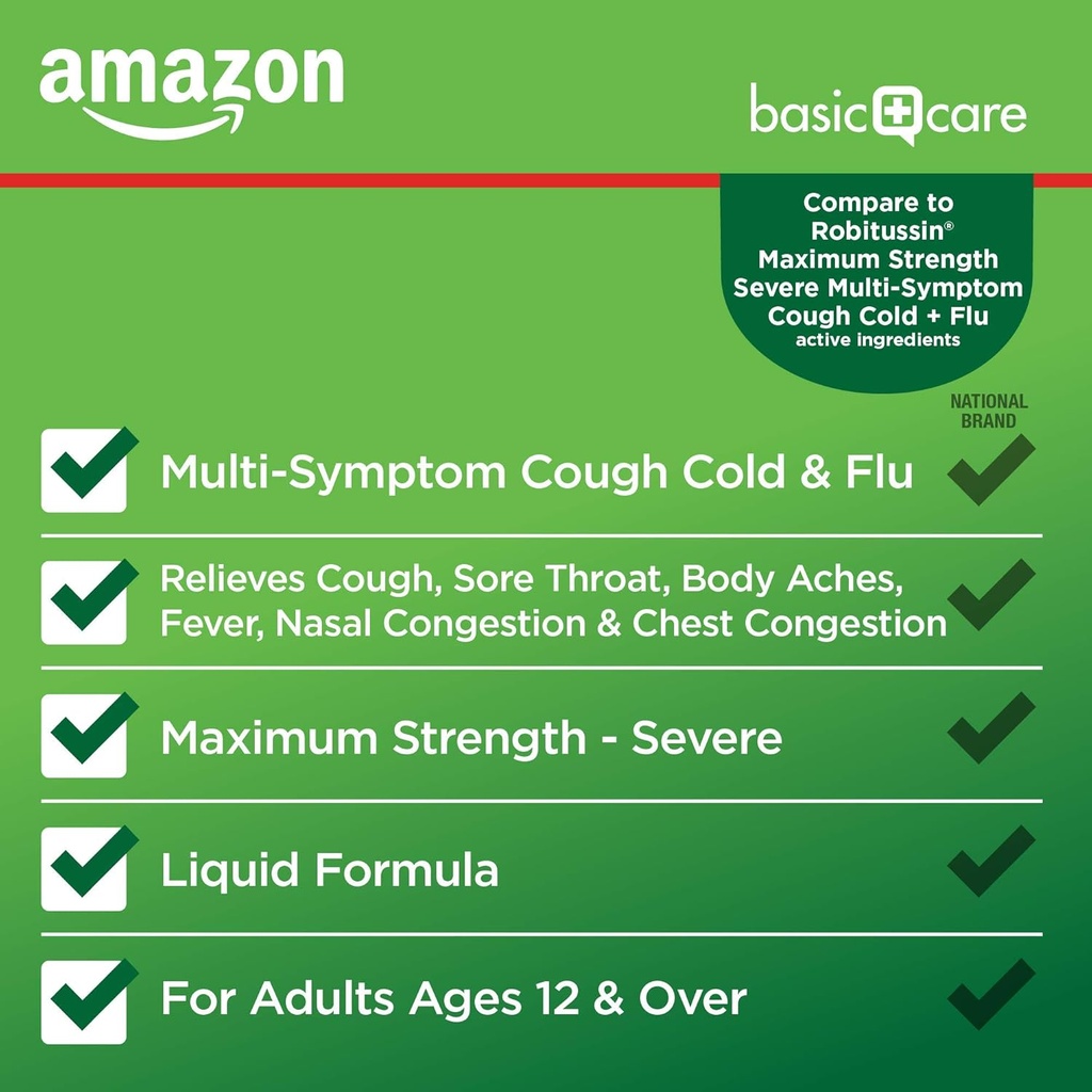 Basic Care Tussin Severe CF Max Syrup, Multi-Symptom Cough, Cold and Flu Liquid Medicine, Non-Drowsy, Relieves Cough, Sore Throat, Body Aches, Fever, Nasal and Chest Congestion, 8 fl oz 4