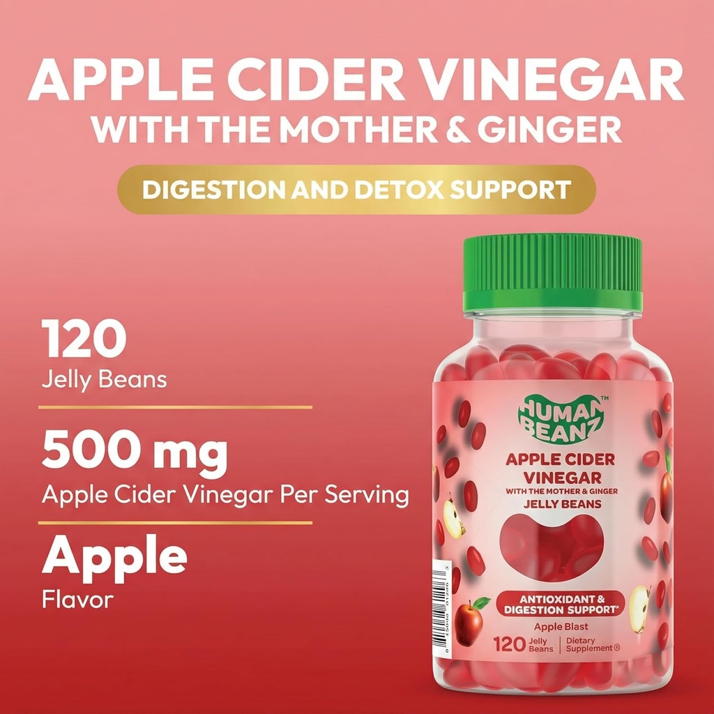 Apple Cider Vinegar Jelly Bean Gummies with The Mother and Ginger, Vegetarian Dietary Supplements for Men and Women, Digestive Health Support, 120 Apple Blast Jelly Beans, Kosher 3