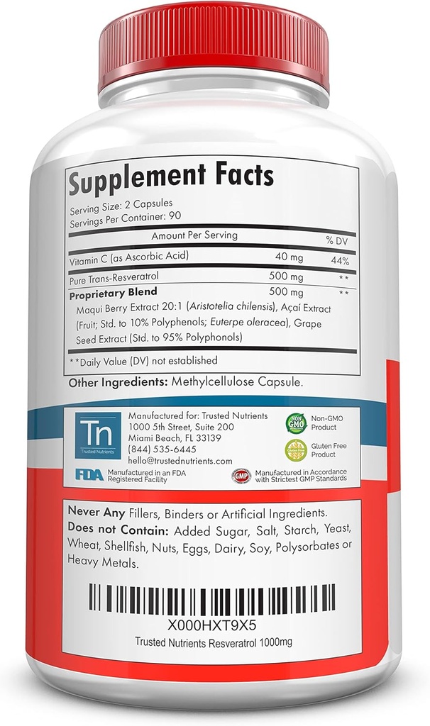 Trusted Nutrients Resveratrol Supplement - Healthy Aging and Heart Health Blend – with Trans Resveratrol, Grape Seed Extract, Acai Berry and Maqui Berry – 1000 mg 180 Capsules 4