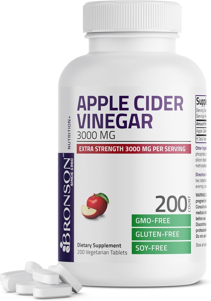Bronson Apple Cider Vinegar 3000 MG per Serving Extra Strength - Non-GMO, 200 Vegetarian Tablets 2
