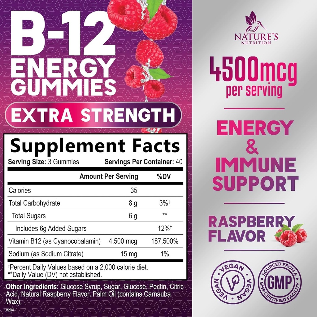 B-12 Vitamin Energy Gummies 4500mcg - Extra Strength B12 Gummy Chewables for Energy Metabolism & Immune Support - Dietary Supplement for Women, Men, & Kids - Non-GMO, Vegan, Berry Flavor - 120 Count 3