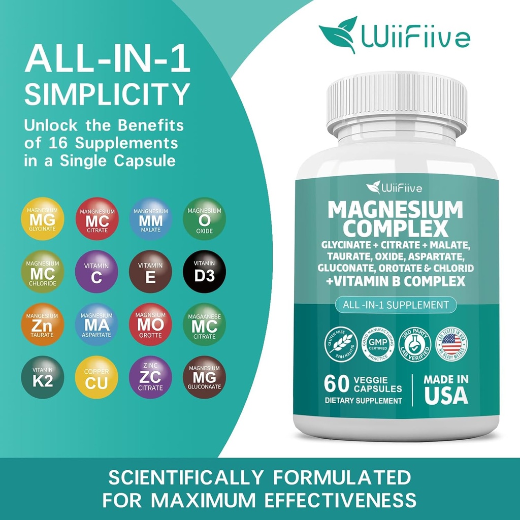 Magnesium Complex Supplement, Clycinate 141mg Oxide 228mg Malate 58.5mg Citrate 62.4mg with Orotate Glycina Taurate Chloride Aspartate Gluconate Vitamin B, Max Absorption, Gluten-Free, Non-GMO 4