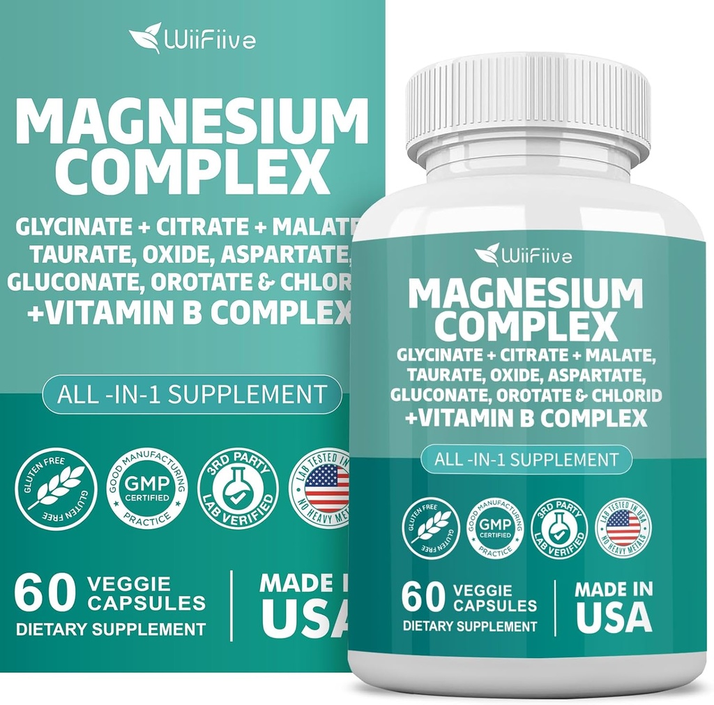 Magnesium Complex Supplement, Clycinate 141mg Oxide 228mg Malate 58.5mg Citrate 62.4mg with Orotate Glycina Taurate Chloride Aspartate Gluconate Vitamin B, Max Absorption, Gluten-Free, Non-GMO 6