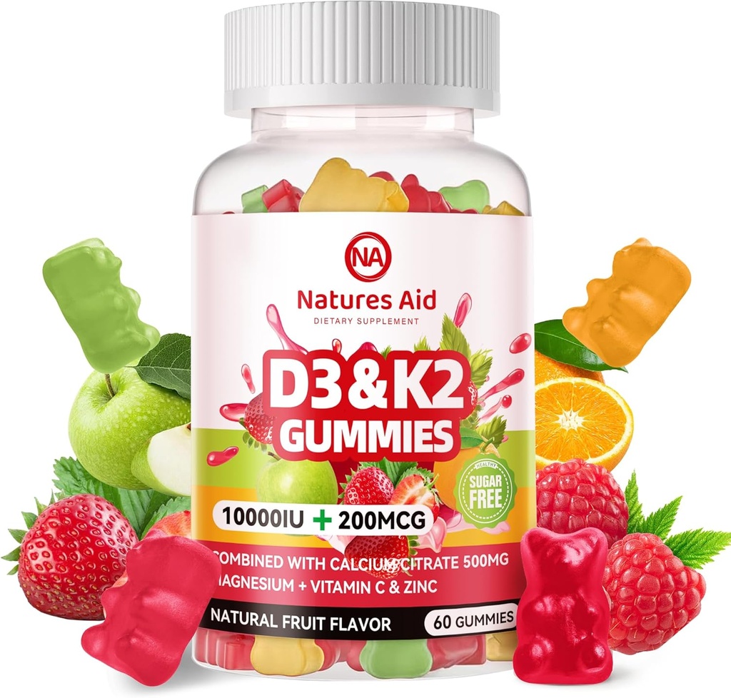 Natures Aid Sugar-Free Vitamin D3 K2 Gummies with Calcium + K2 (MK-7), Magnesium Citrate, Vitamin C, Extra Strength - Ultimate Absorption for Bone Muscle Teeth Immune, Vegan - 60 Gummies 2