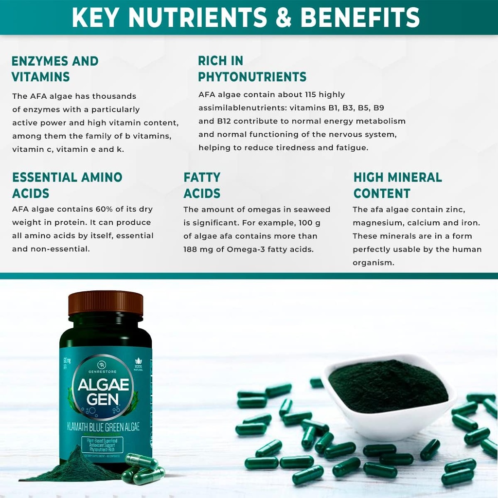 Genrestore: Natural AFA Stem Cell Celulas Madres Klamath Blue - Green Algae More Effective Than Spirulina or Chlorella Phytonutrient- Rich, Superfood 600mg Aphanizomenon Flos-Aquae (1) 4