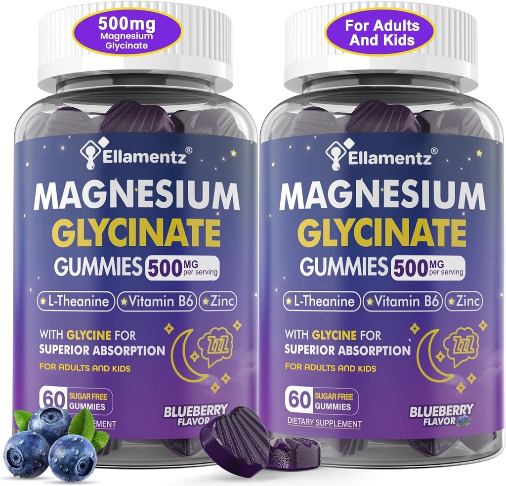 Magnesium Glycinate Gummies 500mg/250mg for Adults Kids Teens, Sugar Free Magnesium Calm Sleep Aid, Kids Sleep Gummies with L-Theanine Glycine B6 for Sleep, Calm, Muscle,Relax Brain,No Melatonin,2Pack 2