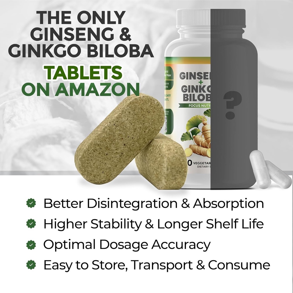 GreeNatr Ginko Biloba & Panax Ginseng Supplement - Red Ginseng Brain Supplement for Memory and Focus - Ginkgo Biloba Supplements for Good Vision, Immune System and Improved Blood Flow - 3 Bottles 3