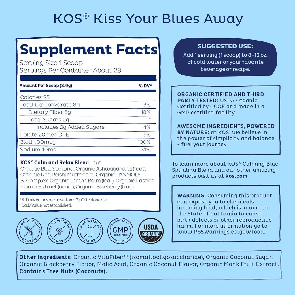 KOS Calming Blue Spirulina Blend- USDA Certified Organic - Algae Superfood Powder with Ashwagandha Root, Lemon Balm, Reishi Mushroom, B Vitamins - Berry Coconut Cooler Flavor, 28 Servings 4