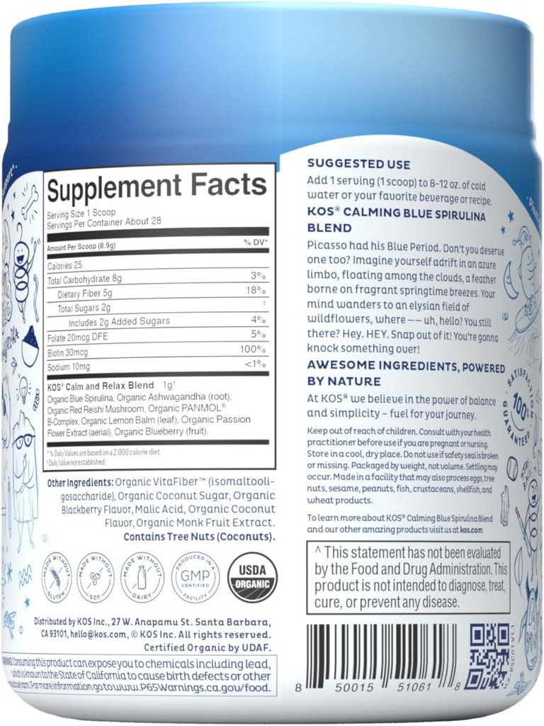 KOS Calming Blue Spirulina Blend- USDA Certified Organic - Algae Superfood Powder with Ashwagandha Root, Lemon Balm, Reishi Mushroom, B Vitamins - Berry Coconut Cooler Flavor, 28 Servings 6
