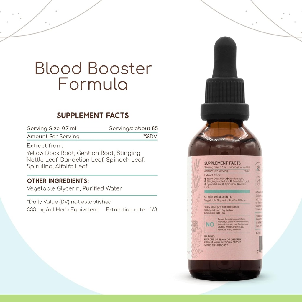HerbEra Blood Booster Formula B60 Alcohol-Free Extract Tincture: Stinging Nettle Leaf, Dandelion Leaf, Spinach, Spirulina, Alfalfa, Yellow Dock Root, Herbal Iron Blend 2 Fl Oz 4