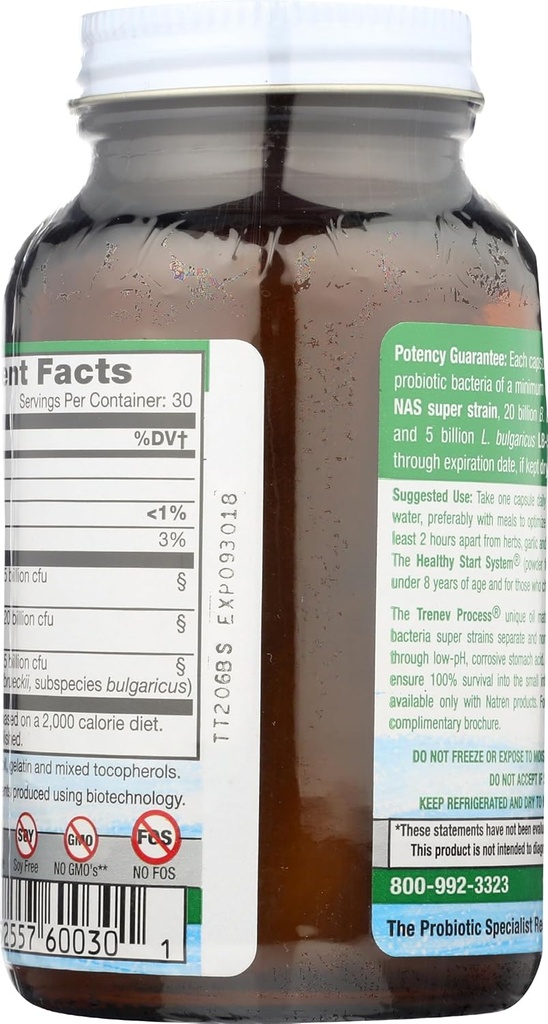 Natren Healthy Trinity Probiotics Supplement - 30 Dairy and Gluten Free Gel Capsules - Improve Gut and Digestive Health, 30 Billion CFU - Lactobacillus Acidophilus, Bifidobacterium, Bulgaricus 3