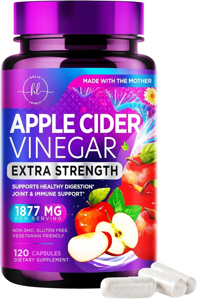 Apple Cider Vinegar Capsules 1877mg - Extra Strength ACV Pills with Vitamin D3 & Zinc - Apple Vinegar Pills Supplement for Digestion, Energy & Immune Support, Non-GMO, Bottled in USA - 120 Capsules 2
