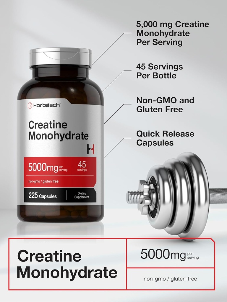 Horbäach Creatine Monohydrate | 5g | 225 Capsules | Non-GMO, Gluten Free Supplement 5