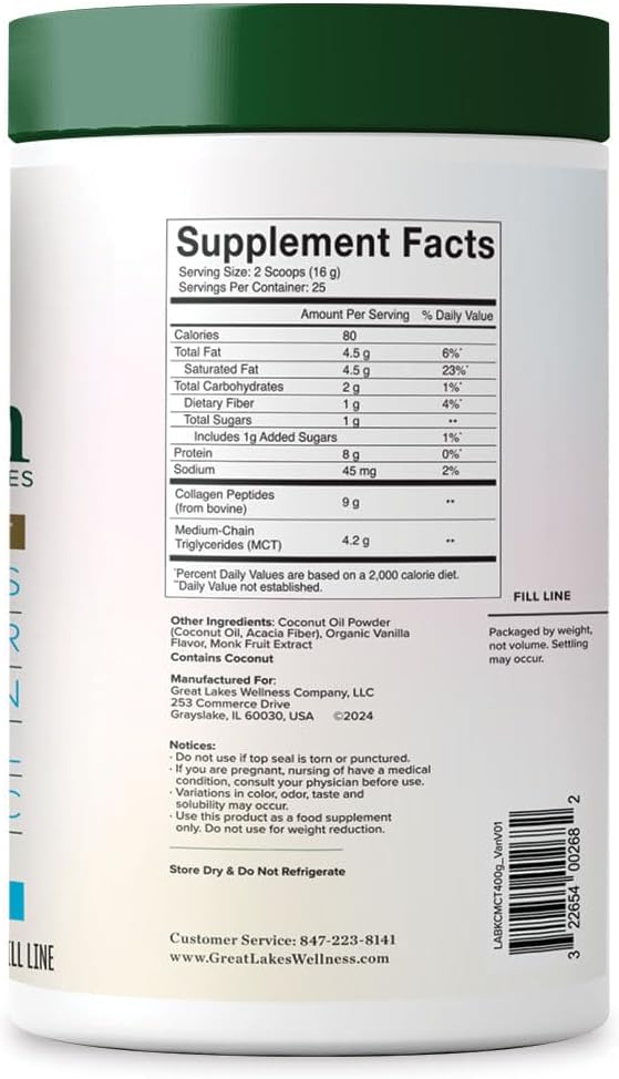 Great Lakes Wellness Keto Boost Advanced Collagen Peptides Powder with 4.2g MCTs - Vanilla Flavored - Nutritiously-Rich Non-Dairy Coffee Creamer or Smoothie Alt - Non-GMO, Kosher - 14.1 oz 4