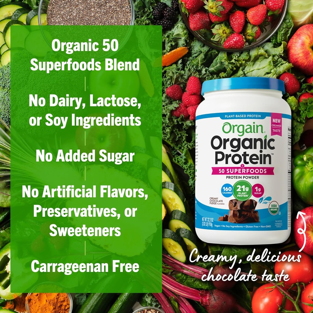 Orgain Organic Vegan Protein + 50 Superfoods Powder, Creamy Chocolate Fudge - 21g Plant Based Protein, 9g Prebiotic Fiber, No Lactose, Gluten Free, No Added Sugar, 2.02 lb (Packaging May Vary) 6