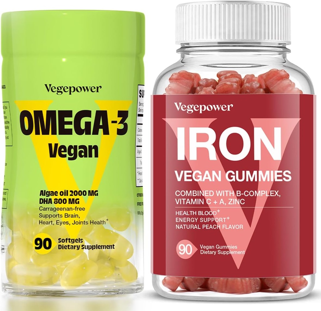 Vegan Iron Gummies + Vegan Omega-3 | Iron Supplement Support Blood Healthy & Daily Energy for Adults & Kids | Algae Omega-3 DHA Supplements for Brain, Heart Eyes Health- 90 Count 2