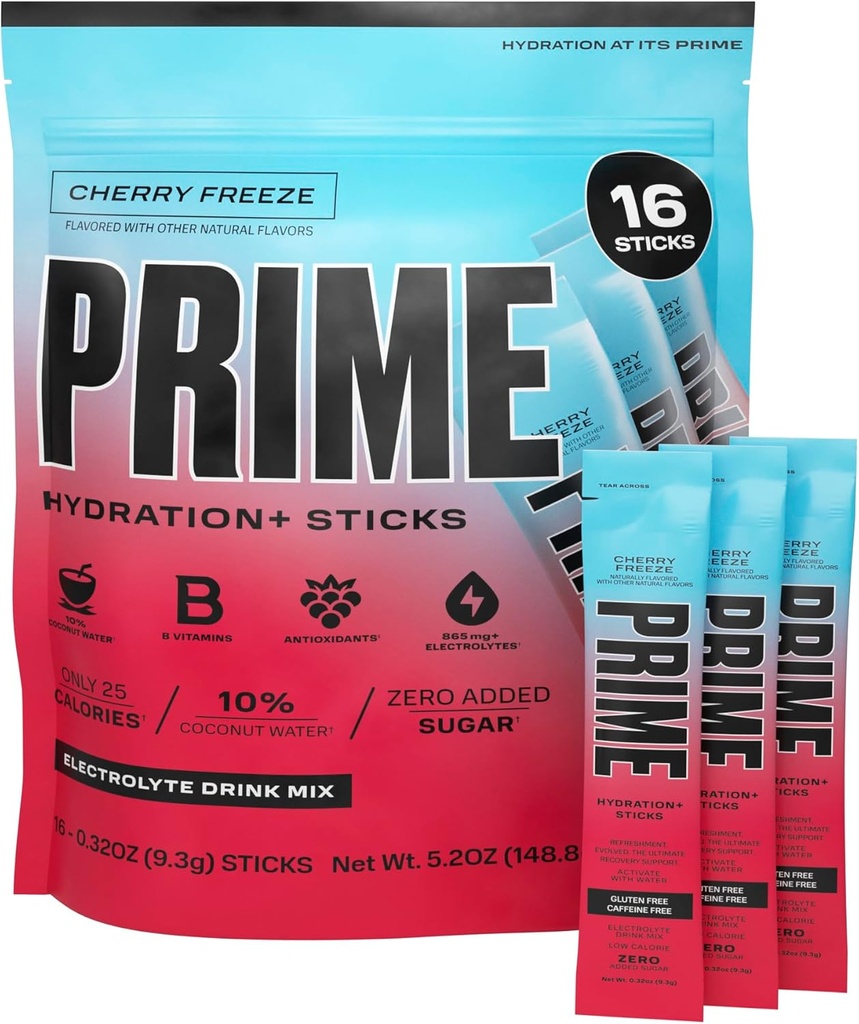 PRIME HYDRATION+ Sticks Cherry Freeze | Hydration Powder Single Serve Sticks | Electrolyte Powder On The Go | Low Sugar | Caffeine-Free | Vegan | 16 Sticks 2