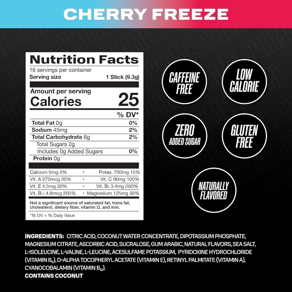 PRIME HYDRATION+ Sticks Cherry Freeze | Hydration Powder Single Serve Sticks | Electrolyte Powder On The Go | Low Sugar | Caffeine-Free | Vegan | 16 Sticks 3