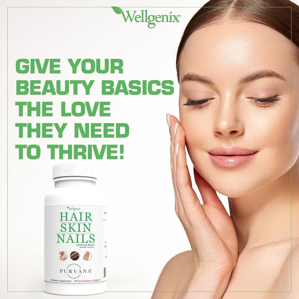 Wellgenix Purvana Hair, Skin, and Nails Vitamin Softgels for High Absorption - Double Strength 2500mcg Biotin, VIT A & B (90 Count) 2 Pack 6