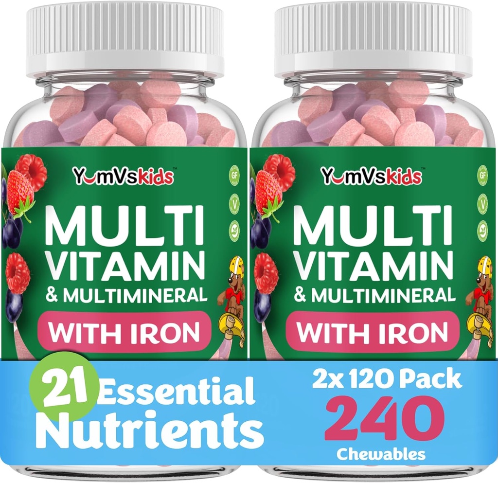 YUM-V'S Kids Multivitamin with Iron - Kids Chewable Multivitamin - Vitamins + Iron Supplement - Toddler Vitamins for 2 Year Old+, Kosher, Halal, Gluten Free 120 (Pack of 2 2
