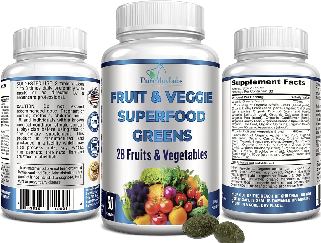 Fruit and Veggie Superfood Greens - 28 Fruits and Vegetables incl. Alfalfa, Barley Grass, Spirulina, Beet Root, Tart Cherry, Concentrated Natural Antioxidants- 60 Tablets 5