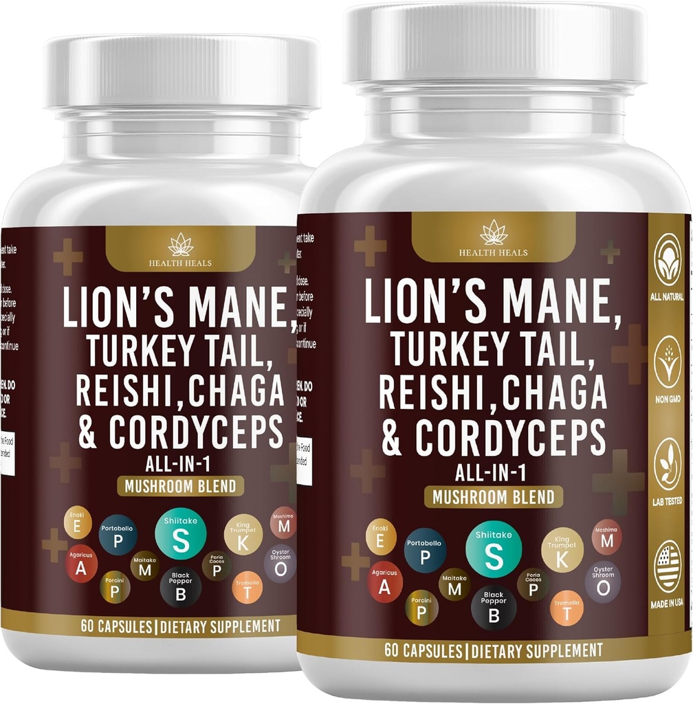 Mushroom Supplement with Lion's Mane Turkey Tail Reishi Cordyceps Chaga Marshmallow Root - 120 Count 2