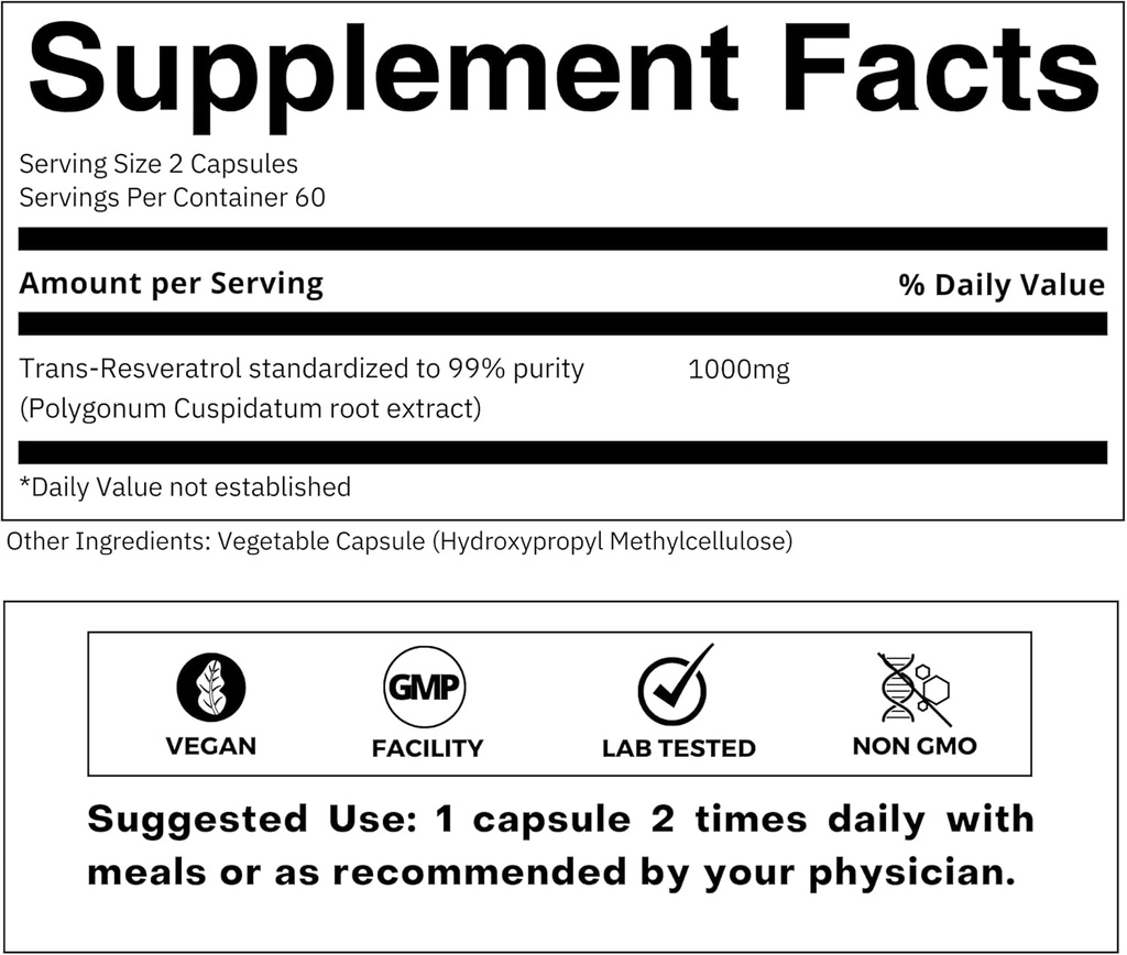 Ultra High Purity Resveratrol Capsules - 99% Trans-Resveratrol - Japanese Knotweed Extract - Support Immunity, Support Healthy Aging - 120 Caps Reservatrol Supplement 3