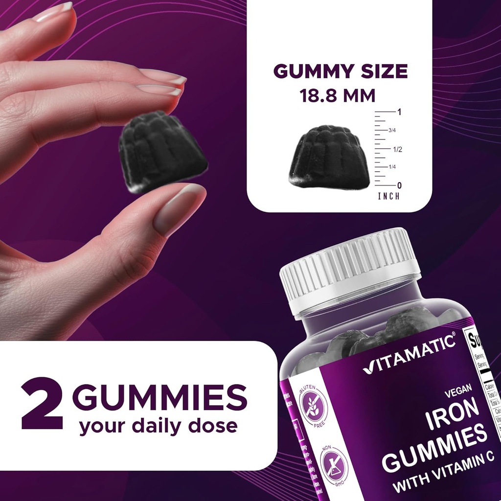 Vitamatic Iron 65 mg Gummies Supplement for Women & Men - 60 Vegan Gummies - Great Tasting Iron Gummy Vitamins with Vitamin C (2) 4
