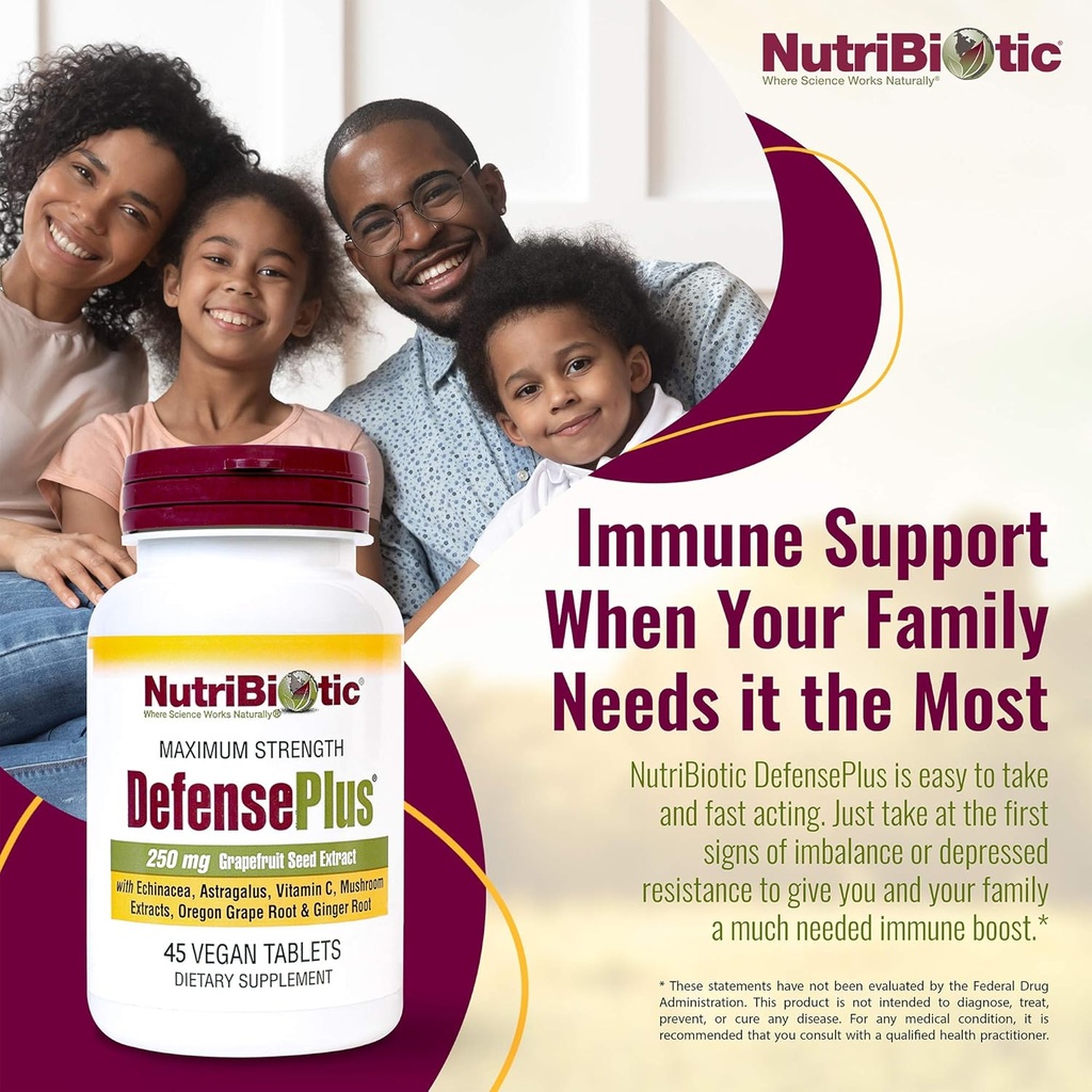 NutriBiotic – DefensePlus, 45 Tablets | 11 in 1 Immune Support with Vitamin C, Zinc, Grapefruit Seed Extract, Echinacea, Astragalus Root & Immune Boosting Extracts & Mushrooms | Vegan & Gluten Free 4