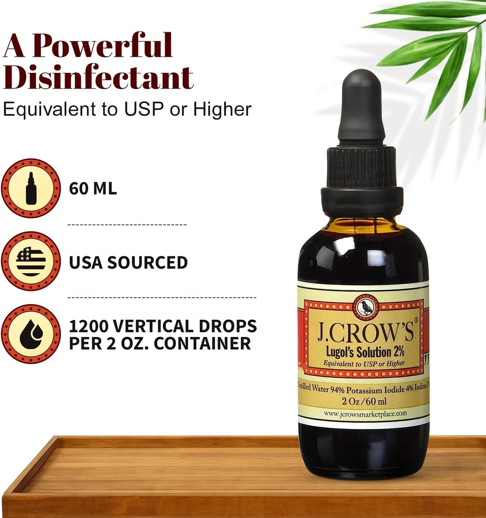 J.CROW'S® Lugol's Solution of Iodine 2% 2 oz (2 Bottle) – Premium Iodine & Potassium Iodide Liquid, Gluten &, Alcohol-Free Natural Brine Extract, No Expiration 3