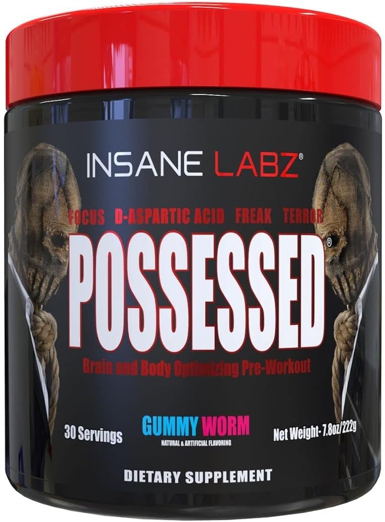 Insane Labz Possessed Low Stimulant Testosterone Boosting Pre Workout Powder, Loaded with D Aspartic Acid and Creatine Fueled by AMPiberry and OXYgold, 30 Srvgs, Gummy Worm 2