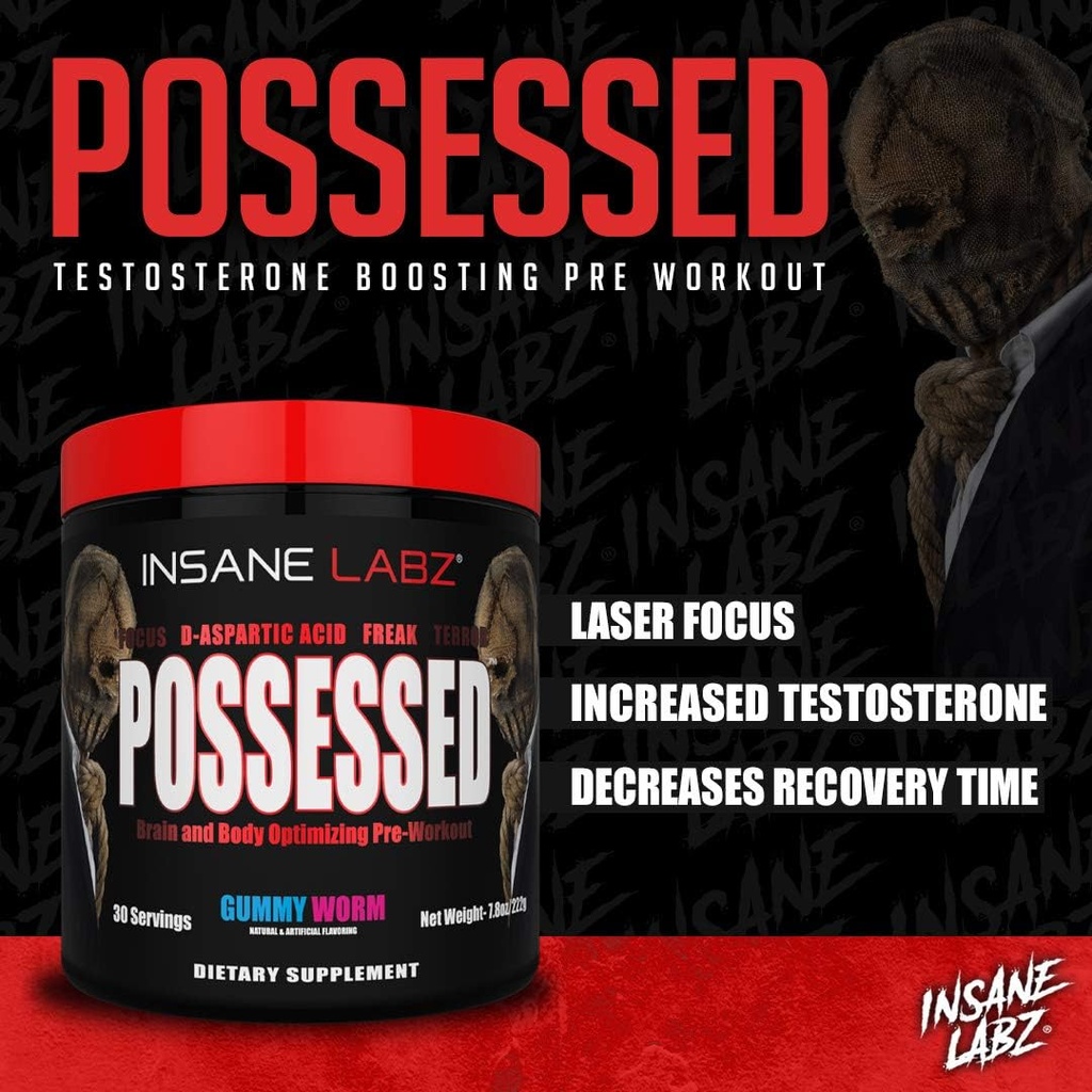 Insane Labz Possessed Low Stimulant Testosterone Boosting Pre Workout Powder, Loaded with D Aspartic Acid and Creatine Fueled by AMPiberry and OXYgold, 30 Srvgs, Gummy Worm 5