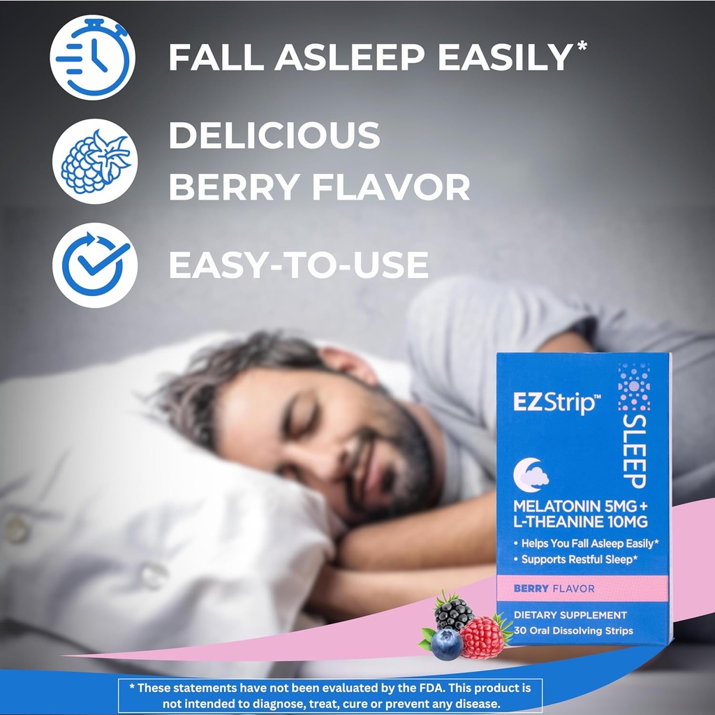 Sleep Aid Supplement - Berry Flavor, 30 Count - Dissolving Sleep Strips with Melatonin and L Theanine for Support with Falling Asleep - Made in The USA, Sugar and Gluten-Free 3